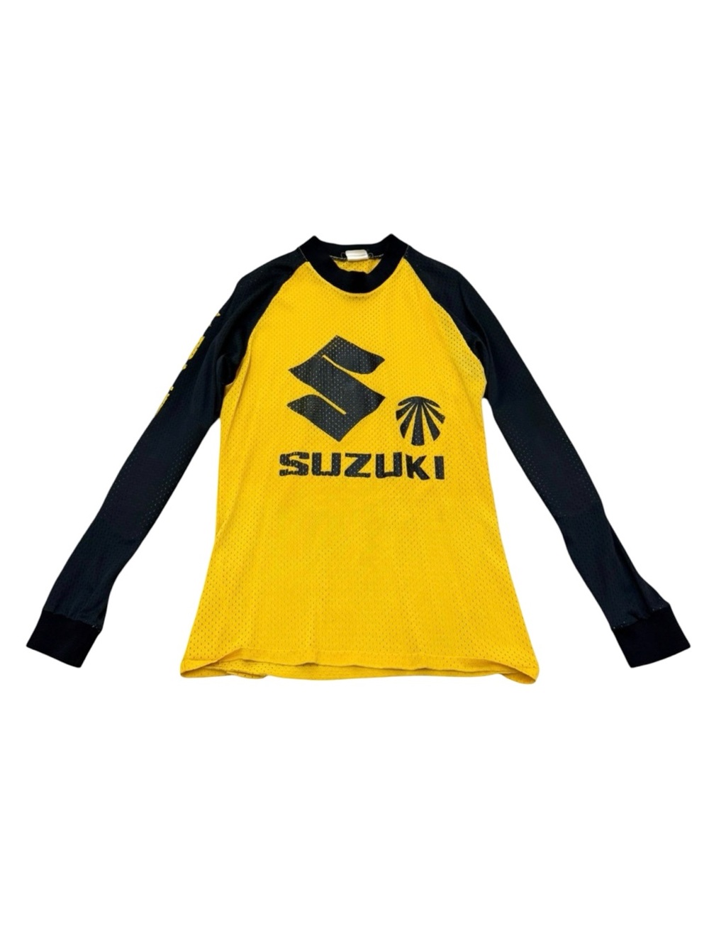 Vintage mens Suzuki Jersey Lynn Wilson Gold Black Racing 1970s Mesh Long Sleeve